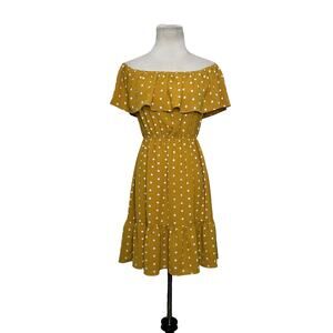 Forever 21 yellow white polka dots off shoulder mini dress size Small